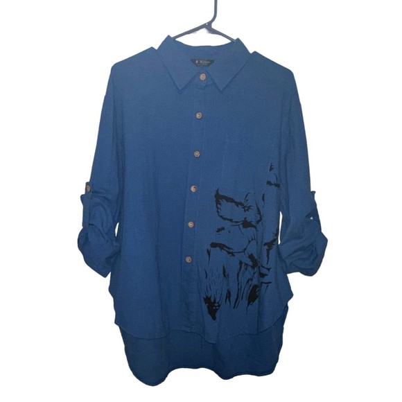 E Retro Tops - E-Retro Women's Long Sleeve Button Down Up Shirt sz XL High-Low Blue‎ Oversized